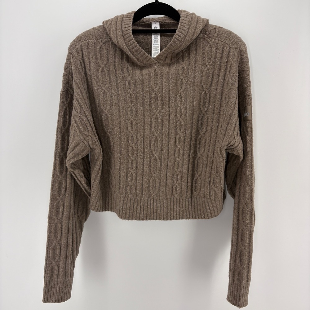 Alo Cable Knit Winter Bliss Hoodie Sweater Cropped Brown Womens S Cozy